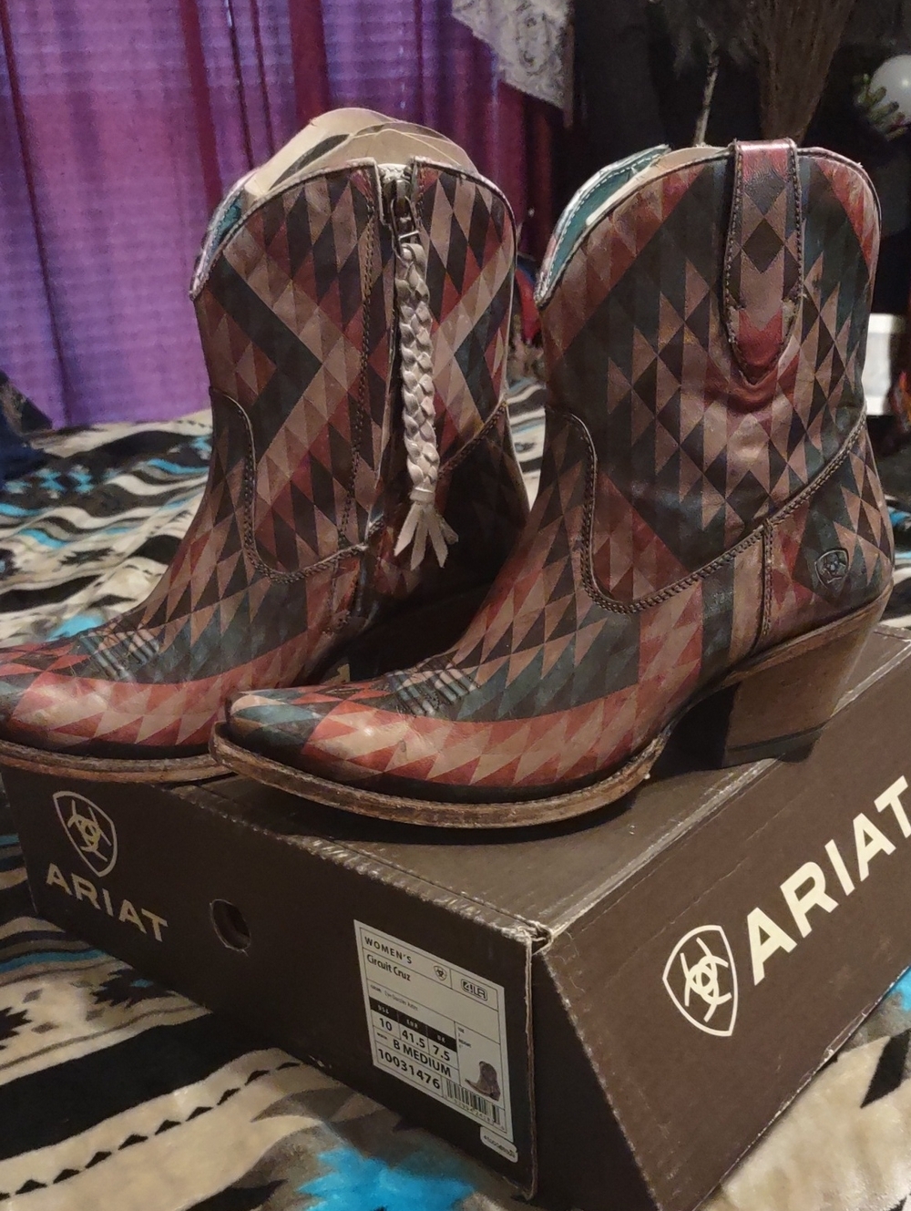 Ariat. Teal, Red, Tan Black Geometric Leather Ankle Boots. Size 10 B.